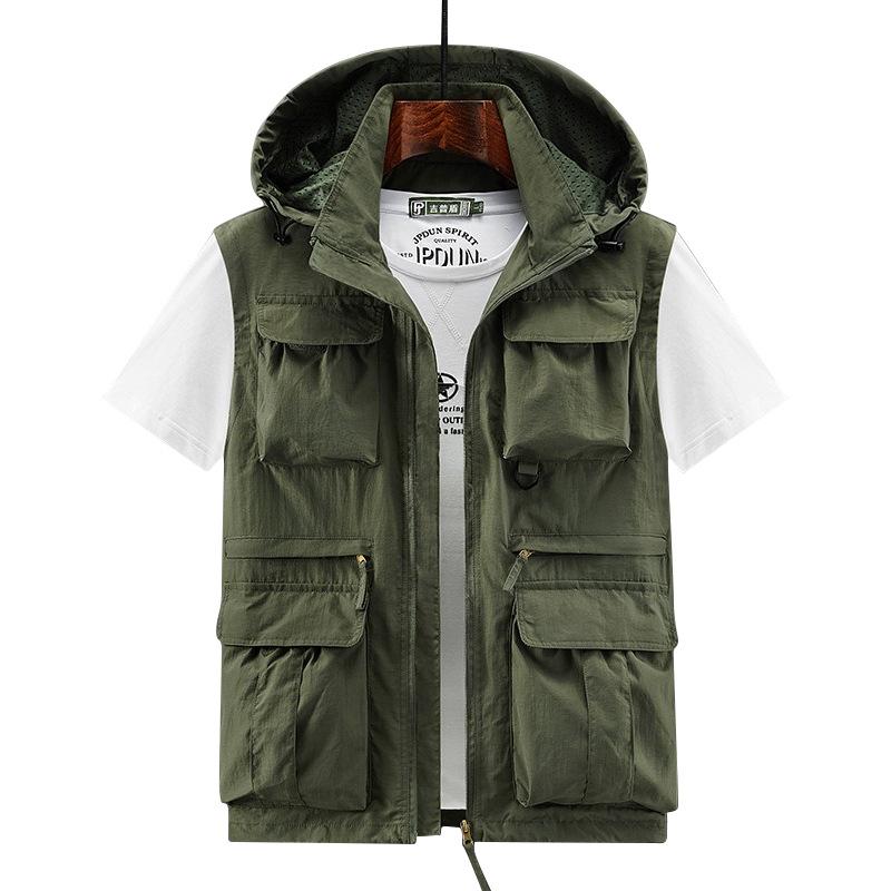 Photography Vest - 男性カジュアルベストマルチポケット作業服フード付きノースリーブジャケット戦術的な釣り登山ベストパーソナライズされたプリントロゴ 6XL