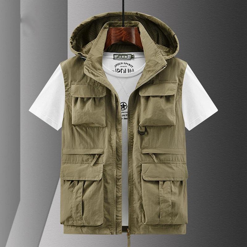 男性カジュアルベストマルチポケット作業服フード付きノースリー - Photography Vest のレビューと価格