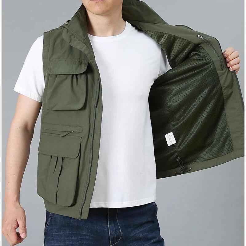 男性カジュアルベストマルチポケット作業服フード付きノースリー - Photography Vest のレビューと価格