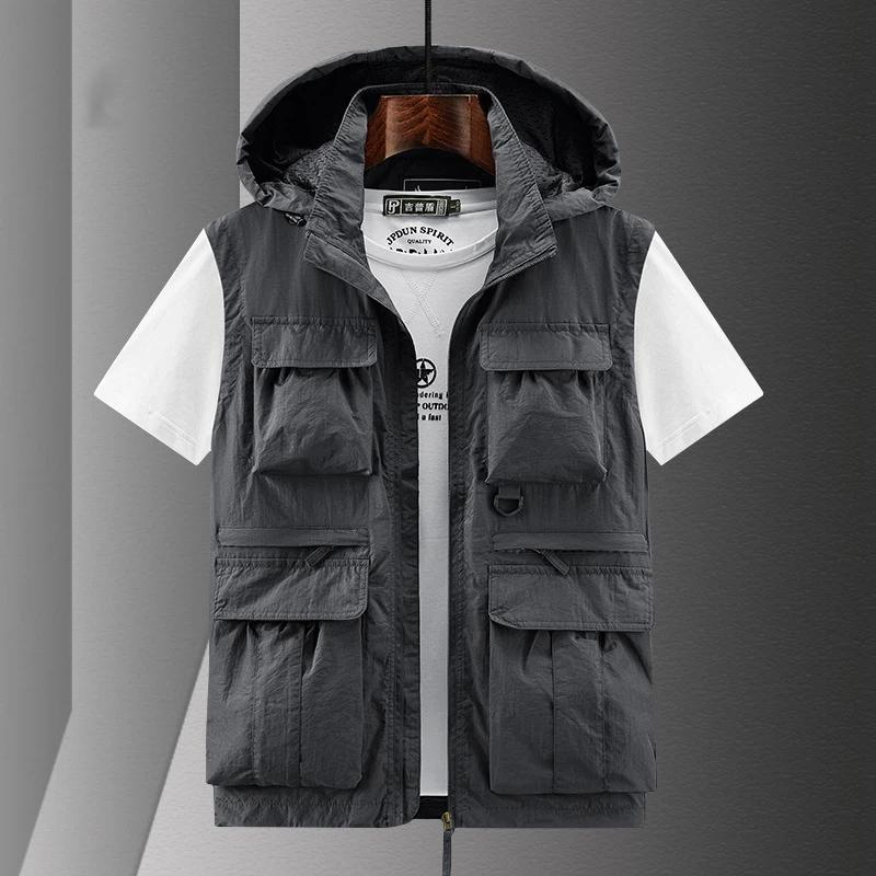 男性カジュアルベストマルチポケット作業服フード付きノースリー - Photography Vest のレビューと価格